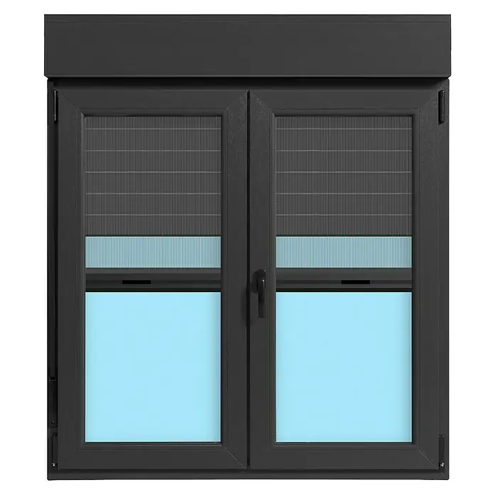 Ventana de PVC practicable-oscilobatiente - 120 x 138 cm, Derecha, Gris grafito, Con persiana de aluminio y mosquitera - Ventana con persiana enrollable y mosquitera integrada para un confort óptimo y protección contra insectos.