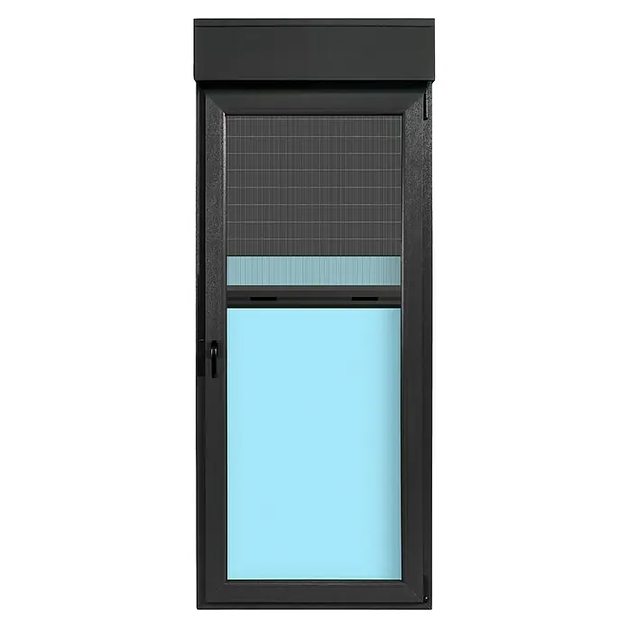 Balconera de PVC practicable-oscilobatiente - 90 x 218 cm, Derecha, Gris grafito, Con mosquitera - Ventana con persiana enrollable cerrada que muestra su diseño moderno y funcionalidad, combinando estética con practicidad.