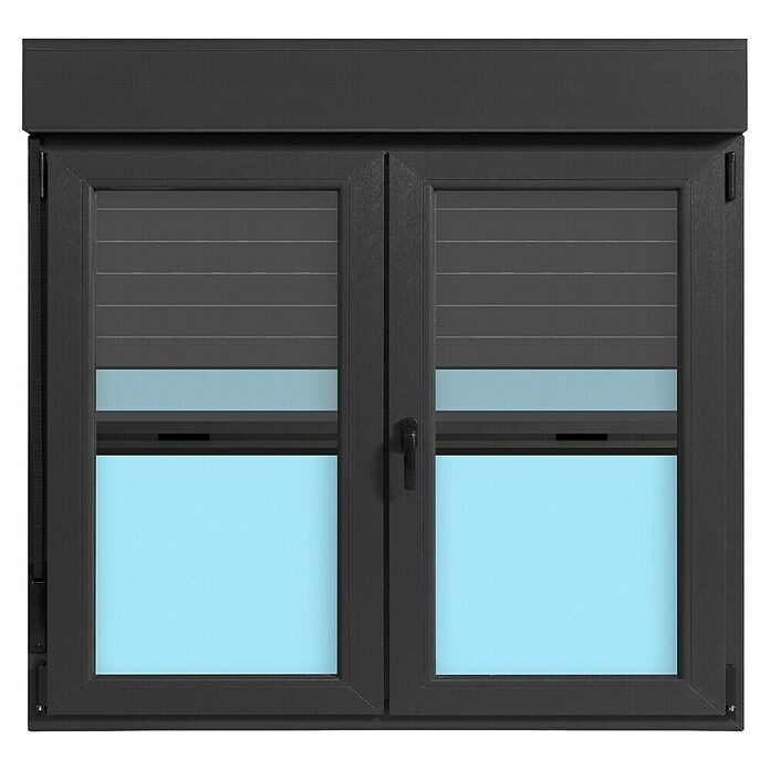 Ventana de PVC practicable-oscilobatiente (120 x 118 cm, Derecha, Gris grafito, Con persiana de PVC y mosquitera)