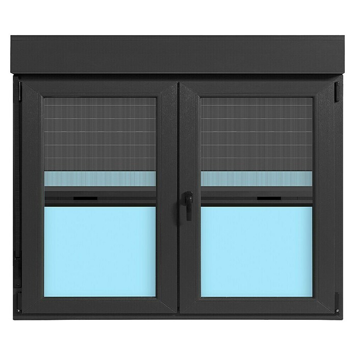 Ventana de PVC practicable-oscilobatiente (140 x 118 cm, Derecha, Gris grafito, Con persiana de PVC y mosquitera)