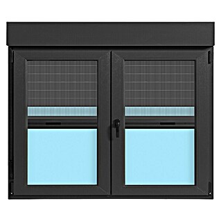 Ventana de PVC practicable-oscilobatiente (140 x 118 cm, Derecha, Gris grafito, Con persiana de PVC y mosquitera)