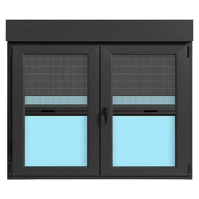 Ventana de PVC practicable-oscilobatiente - 140 x 118 cm, Derecha, Gris grafito, Con persiana de aluminio y mosquitera - Imagen de una ventana gris con persianas parcialmente cerradas, permitiendo que la luz entre en la habitación.