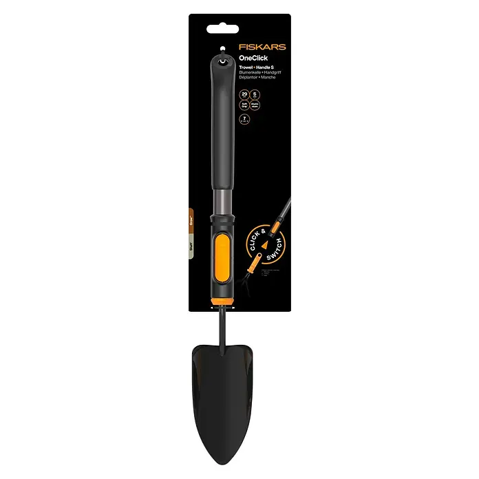 Fiskars OneClick Blumenkelle + Handgriff S - 49,1 cm - Das Fiskars OneClick Gartengerät mit schwarzem Griff und Schaufelblatt ist ein praktisches Werkzeug für den Garten.