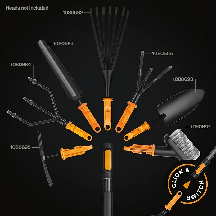 Fiskars OneClick Aluminiumstiel - Aluminium, 29,2 cm - Verschiedene Aufsätze für den Fiskars QuickFit-Gartenhelfer. Das Set beinhaltet Harke, Grubber, Schaufel und Bürste für vielseitige Gartenarbeiten.