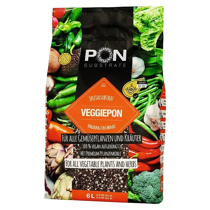 Lechuza Pflanzgranulat Veggiepon - 6 l - Abbildung einer Packung Veggiepon-Substrat, einem torffreien Spezialsubstrat für Gemüsepflanzen und Kräuter, vegan und vorgedüngt.