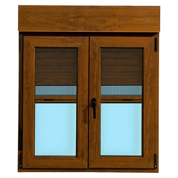 Ventana de PVC practicable-oscilobatiente (105 x 118 cm, Derecha, Marrón, Con persiana de PVC y mosquitera)