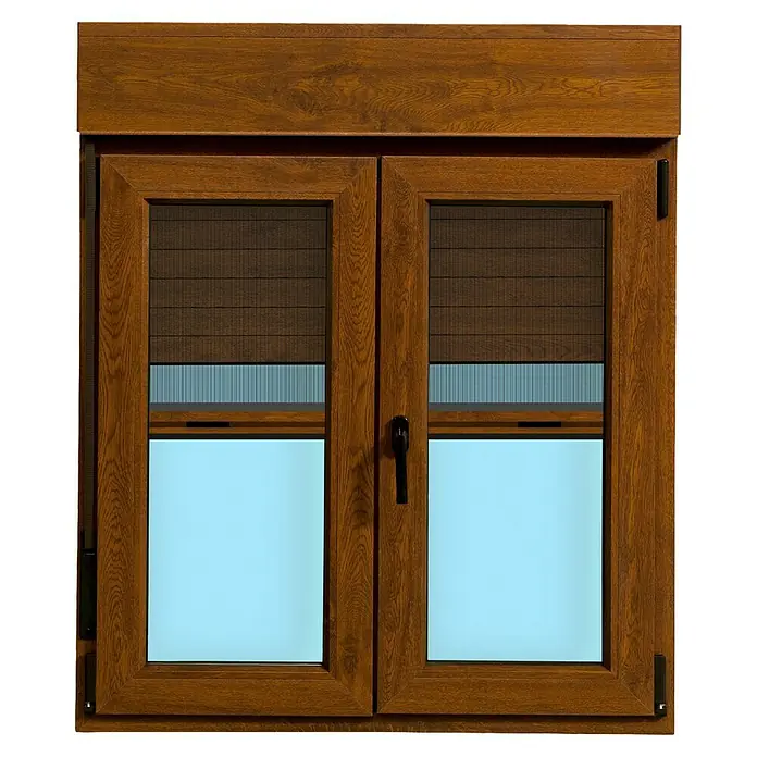 Ventana de PVC practicable-oscilobatiente - 105 x 118 cm, Derecha, Marrón, Con persiana de PVC y mosquitera - Ventana de madera marrón con persianas. Las persianas están medio cerradas y dejan pasar una luz azul.