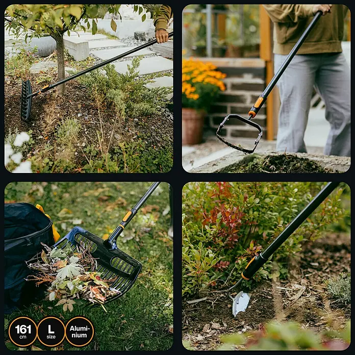 Fiskars OneClick Aluminiumstiel - Aluminium, 161,3 cm - Vier Bilder von Gartenwerkzeugen von Fiskars, darunter Rechen, Hacke und Laubsammler, für die Gartenarbeit.