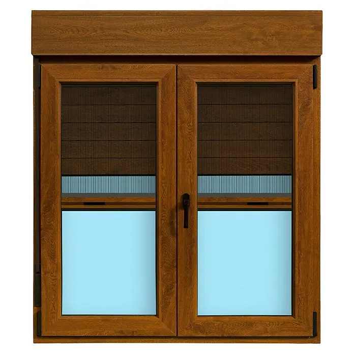Ventana de PVC practicable-oscilobatiente - 120 x 138 cm, Derecha, Marrón, Con persiana de PVC y mosquitera - Ventana con persianas marrones y marco marrón. La ventana está cerrada y da a un cielo azul claro.