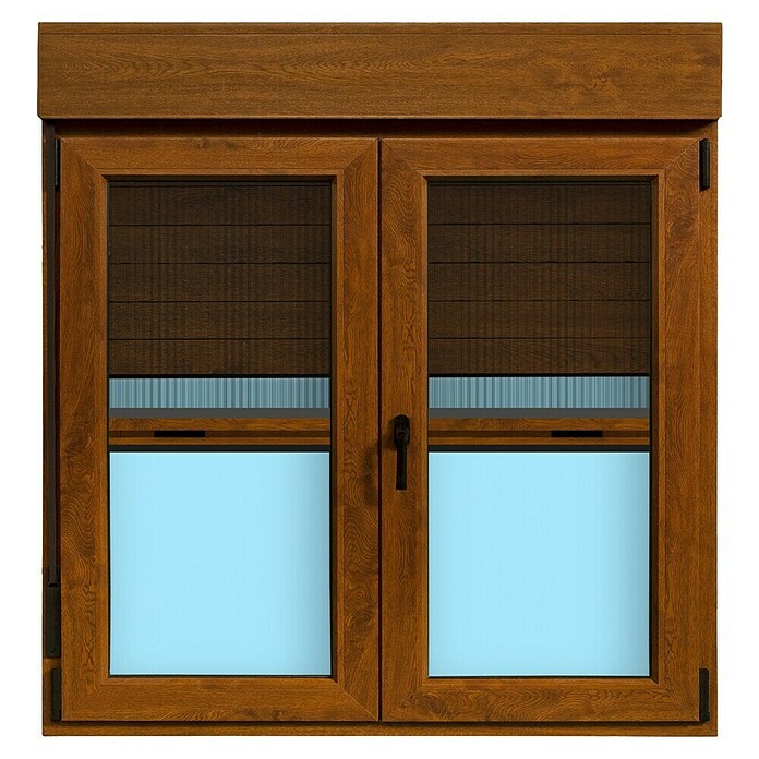 Ventana de PVC practicable-oscilobatiente (120 x 118 cm, Derecha, Marrón, Con persiana de PVC y mosquitera)