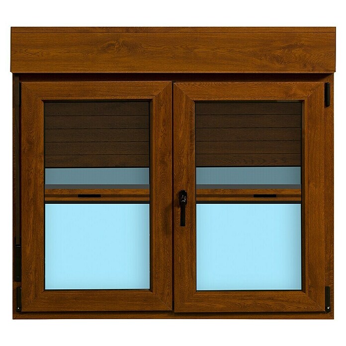 Ventana de PVC practicable-oscilobatiente (140 x 118 cm, Derecha, Marrón, Con persiana de PVC y mosquitera)