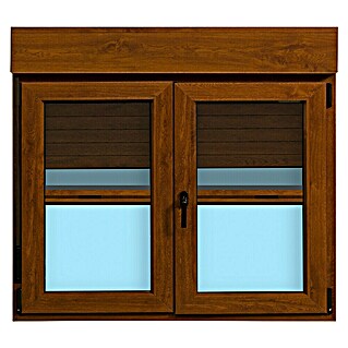 Ventana de PVC practicable-oscilobatiente (140 x 118 cm, Derecha, Marrón, Con persiana de PVC y mosquitera)