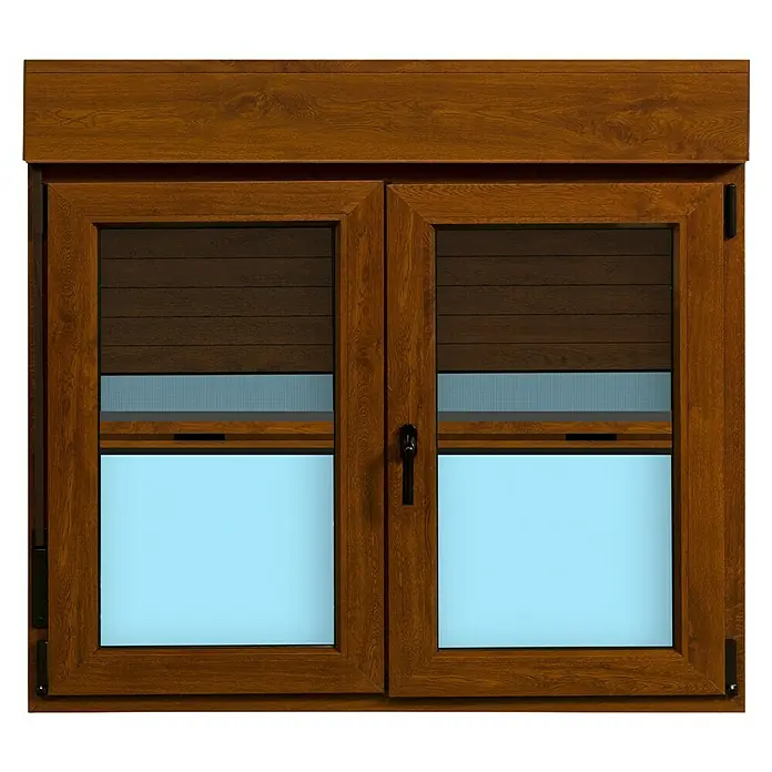 Ventana de PVC practicable-oscilobatiente - 140 x 118 cm, Derecha, Marrón, Con persiana de PVC y mosquitera - Imagen de una ventana de madera con persianas enrollables, que ofrece una mezcla de calidez y funcionalidad para cualquier espacio.