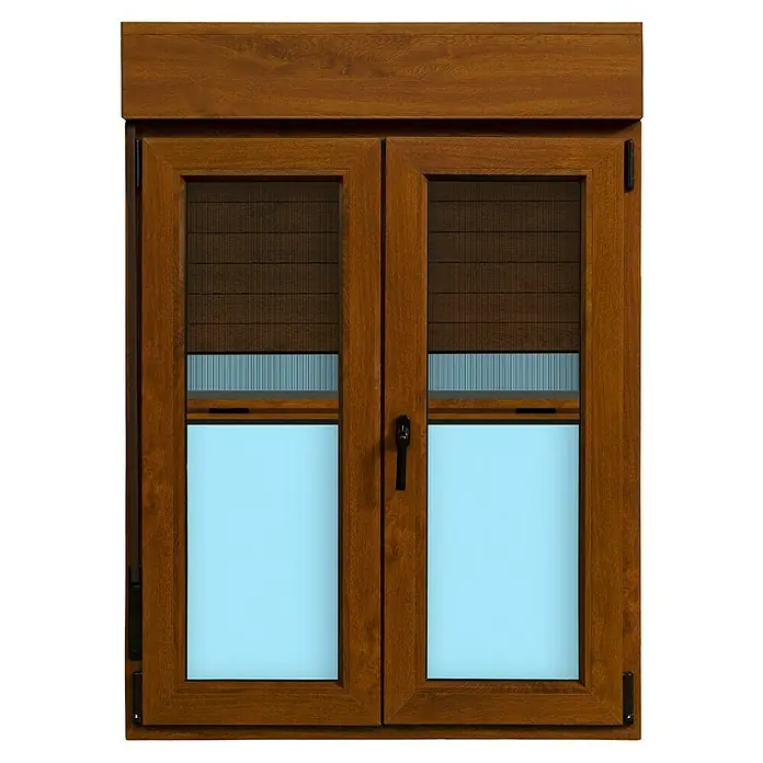 Ventana de PVC practicable-oscilobatiente - 100 x 138 cm, Derecha, Marrón, Con persiana de PVC y mosquitera - Ventana marrón con persiana enrollable cerrada y manija negra en el centro para un hogar acogedor.