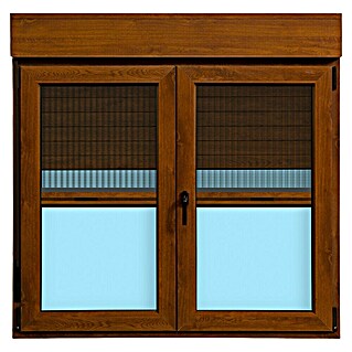 Ventana de PVC practicable-oscilobatiente (140 x 138 cm, Derecha, Marrón, Con persiana de PVC y mosquitera)