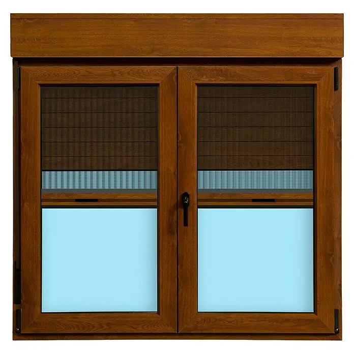 Ventana de PVC practicable-oscilobatiente - 140 x 138 cm, Derecha, Marrón, Con persiana de PVC y mosquitera - Ventana con marco de madera marrón y persianas enrollables, parcialmente bajadas, y vidrio azul claro en las mitades inferiores.