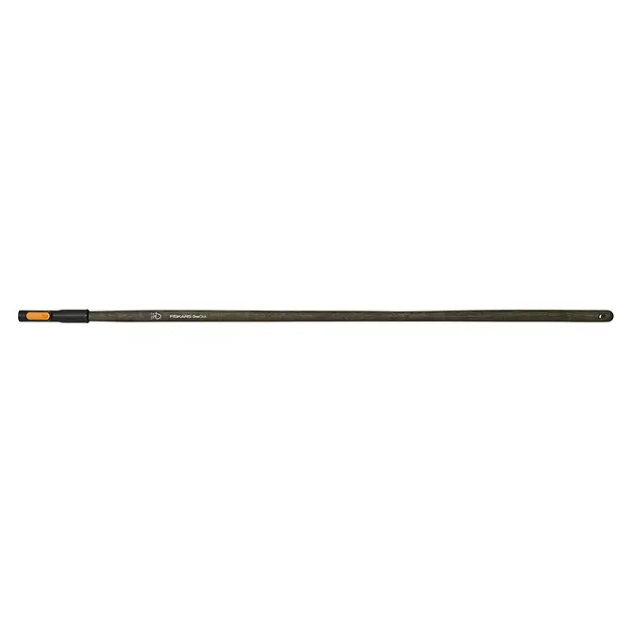 Fiskars OneClick Holzstiel - Passend für: Fiskars Quikfit Stecksystem, 140 cm - Detailansicht eines Fiskars OneClick Werkzeugkopfs mit orangefarbenem Knopf, ideal für Gartenarbeit und Landschaftspflege.