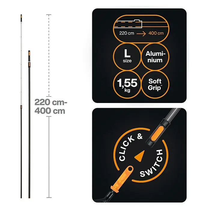 Fiskars OneClick Teleskopstab - 219,6 cm - 400 cm, Aluminium - Produktbild einer verstellbaren Teleskopstange von 220 cm bis 400 cm Länge mit Soft Grip, Aluminiumgehäuse und Klickverschluss.