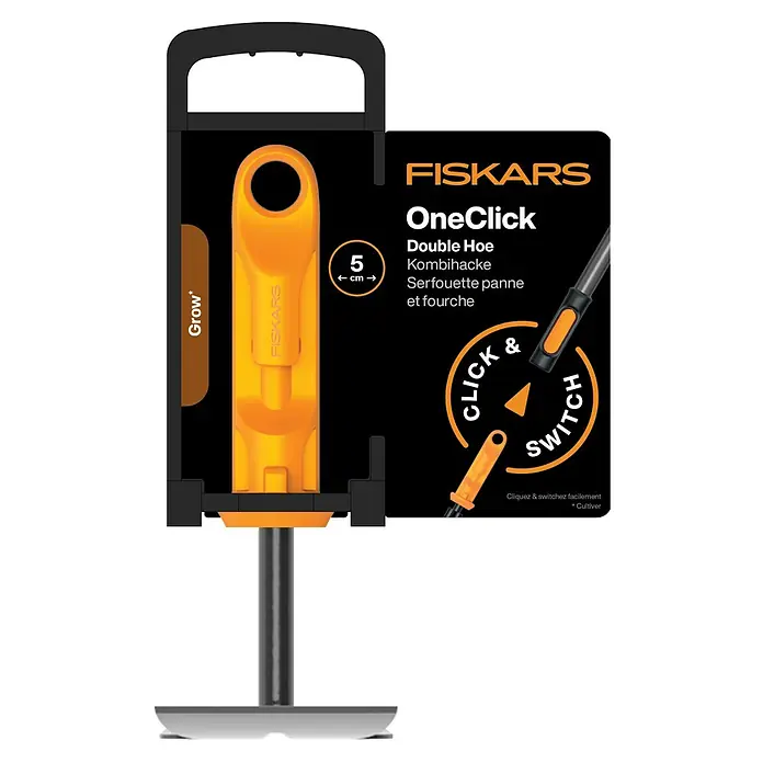 Fiskars OneClick Doppelhacke - Anzahl Zinken: 3 Stk. - Abbildung der FISKARS OneClick Doppelhacke, ein vielseitiges Gartenwerkzeug zum Jäten und Kultivieren.