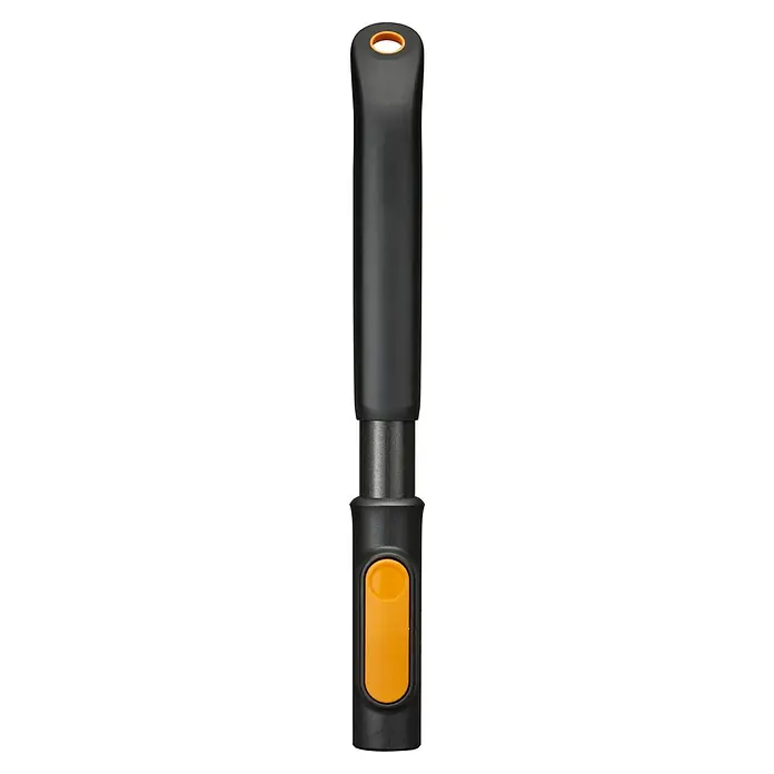 Fiskars OneClick Aluminiumstiel - Aluminium, 29,2 cm - Nahaufnahme eines schwarzen Fiskars-Küchenutensils mit orangefarbenen Akzenten, das ein elegantes und funktionales Design zeigt.