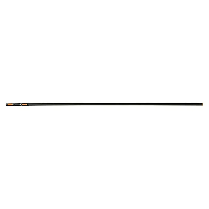 Fiskars OneClick Teleskopstab - 219,6 cm - 400 cm, Aluminium - Metallische Plattform mit horizontalen Linien und orangefarbenen Akzenten. Das robuste Design verleiht jedem Produkt einen industriellen Look.