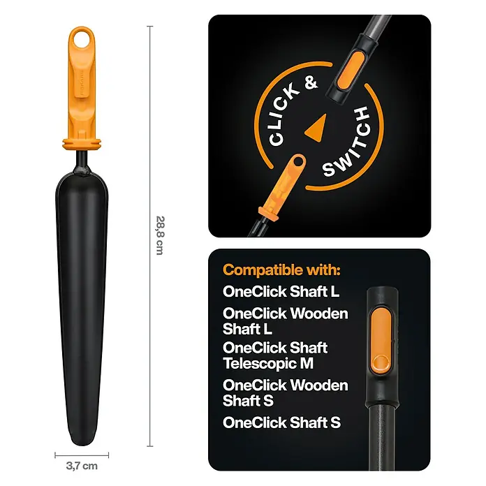 Fiskars OneClick Unkrautstecher - Länge: 28,8 cm - Abbildung eines Fiskars-Gartengeräts mit den Maßen und Kompatibilitätshinweisen für OneClick-Schäfte.