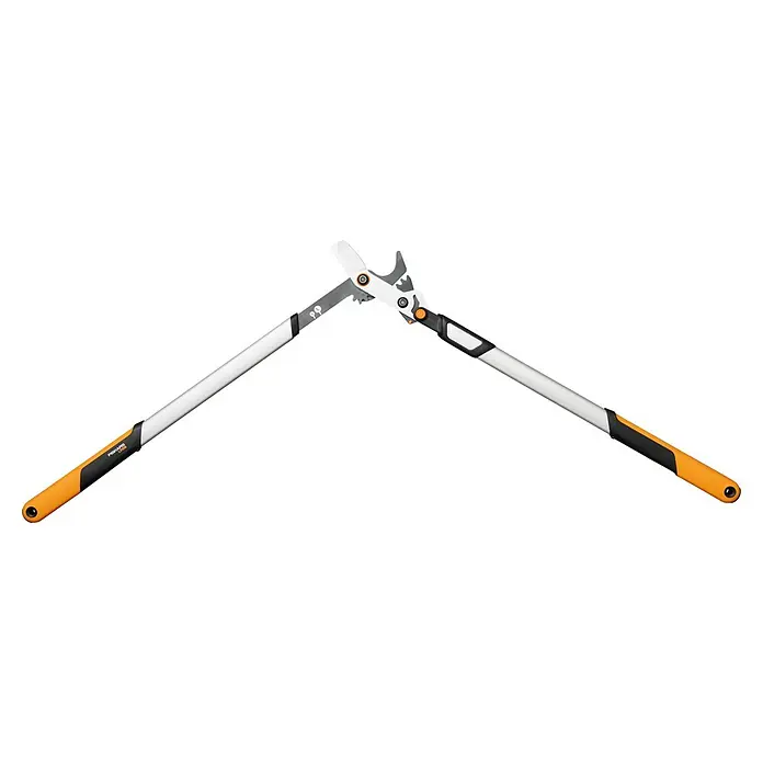 Fiskars X-series Astschere DualAction LX10 - Schneidsystem Gartenschere: Bypass, Max. Aststärke: 50 mm - Eine Astschere der Marke Fiskars mit langem Griff und orangefarbenen Griffstücken, ideal für den Baumschnitt.