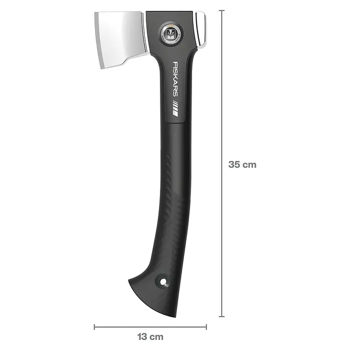 Fiskars Spaltaxt - Länge: 35,5 cm, 0,529 kg - Abbildung einer Fiskars A19 Universal Axt mit schwarzem Griff und silberner Klinge, ideal für Gartenarbeit und Holzbearbeitung.