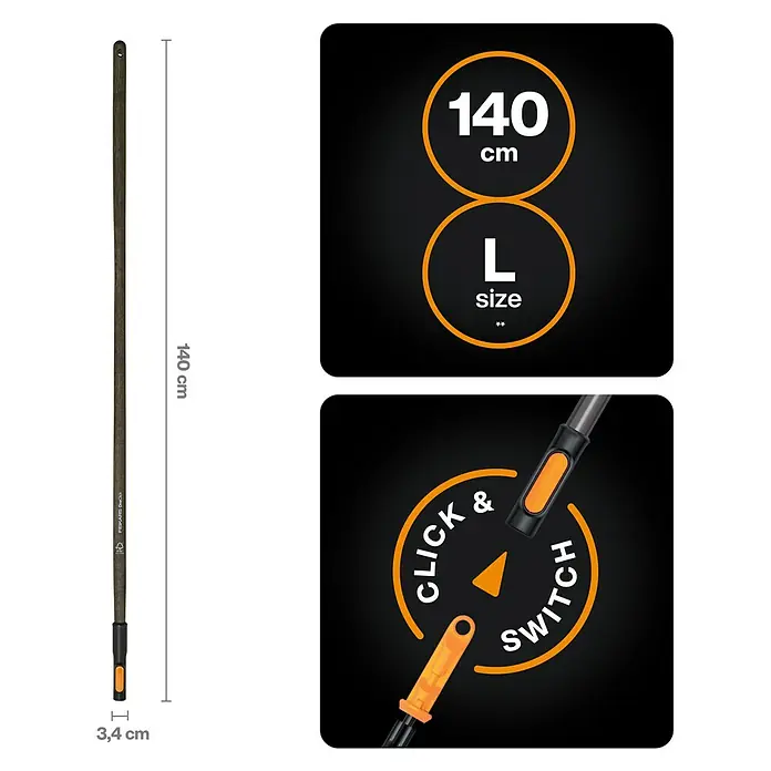 Fiskars OneClick Holzstiel - Passend für: Fiskars Quikfit Stecksystem, 140 cm - Abbildung eines Fiskars Besenstiels (Länge 140cm, Größe L) mit Click & Switch Mechanismus für verschiedene Aufsätze.