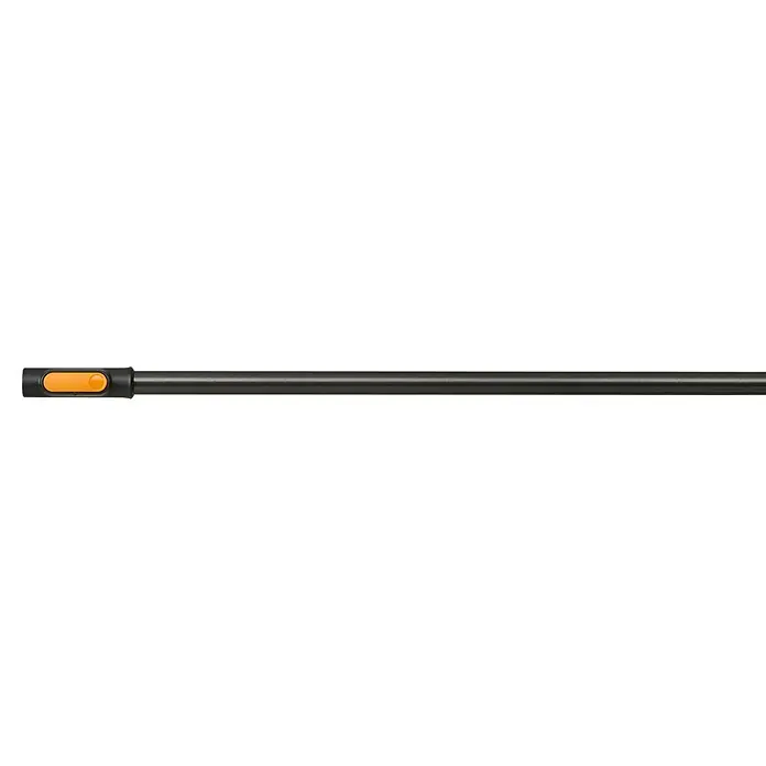 Fiskars OneClick Aluminiumstiel - Aluminium, 161,3 cm - Nahaufnahme eines Teleskopstiels mit orangefarbenem Knopf und verstellbarer Länge für verschiedene Werkzeuge.