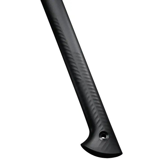 Fiskars Spaltaxt - Länge: 81,5 cm, 1,734 kg - Nahaufnahme des Griffs eines schwarzen Messers mit strukturierter Oberfläche und einer Schraube zur Befestigung der Klinge.