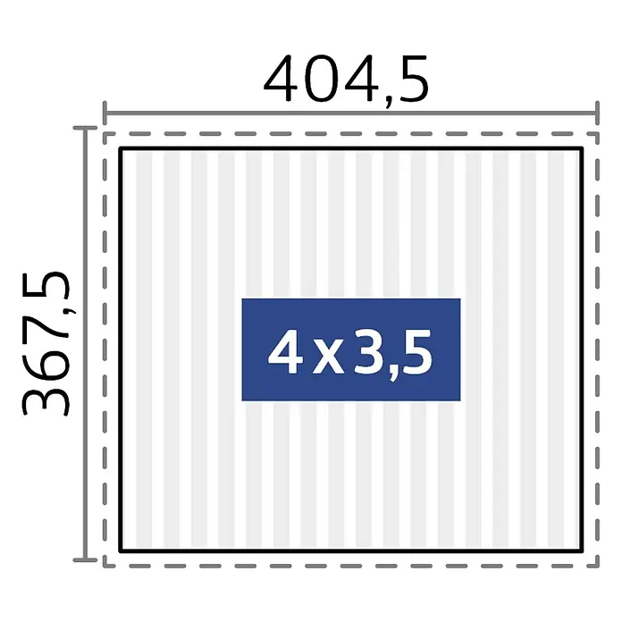 Biohort Lamellenpavillon - B x T: 404,5 mm x 367,5 cm, Dunkelgrau Metallic/Weiß, Material Gestell: Stahl - Darstellung eines rechteckigen Objekts mit den Maßen 404,5 x 367,5 cm und einem zentralen Bereich von 4 x 3,5 cm. Präzise Größenangaben.
