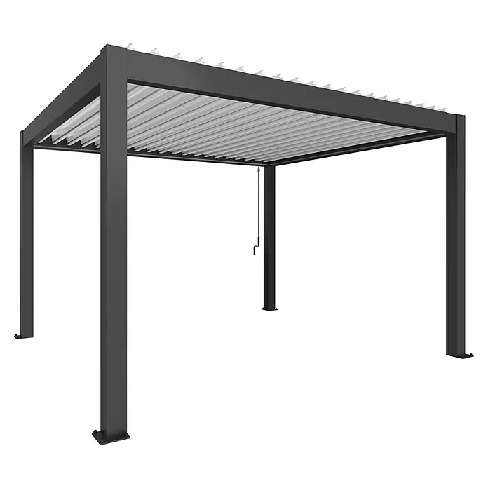 Biohort Lamellenpavillon - B x T: 404,5 mm x 367,5 cm, Dunkelgrau Metallic/Weiß, Material Gestell: Stahl - Ansicht eines modernen, grauen Pavillons mit Lamellendach. Er bietet Schatten und ist ein stilvolles Element für den Garten.