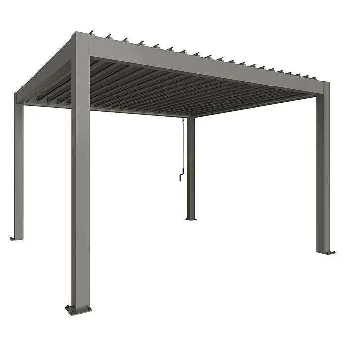 Biohort Lamellenpavillon - B x T: 404,5 x 367,5 cm, Material Gestell: Stahl - Eine elegante, graue Pergola mit Lamellendach für den Außenbereich, die Schatten spendet und ein stilvolles Ambiente schafft.