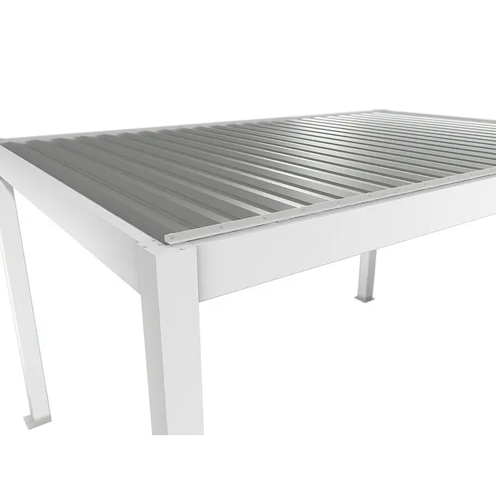 Biohort Lamellenpavillon - B x T: 312 x 312 cm, Weiß/Silber Metallic, Material Gestell: Stahl - Nahaufnahme einer stilvollen, weißen Pergola mit einem modernen, grauen Lamellendach, das Schutz und Schatten bietet.
