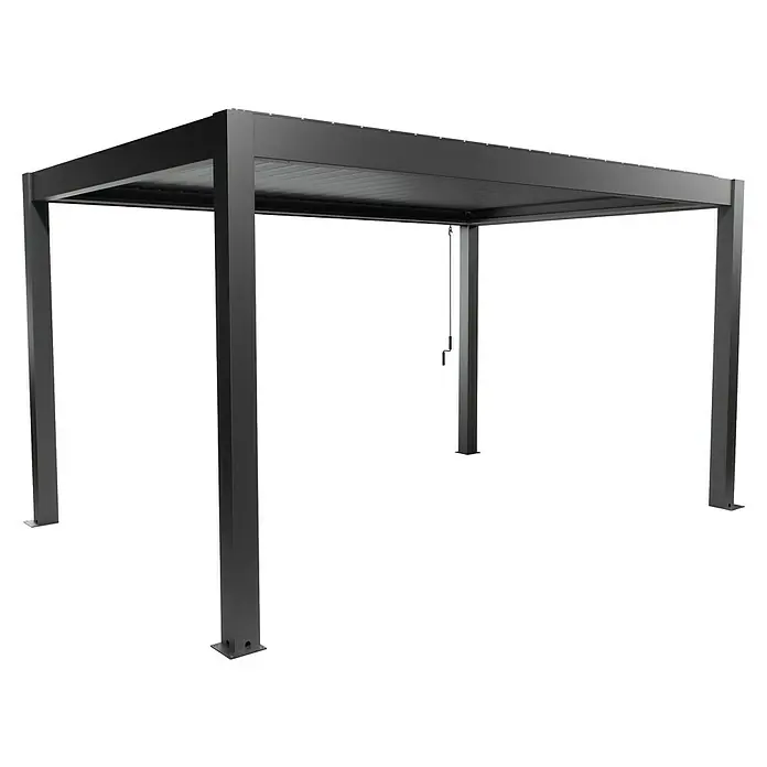 Biohort Lamellenpavillon - B x T: 460 x 312 cm, Dunkelgrau Metallic, Material Gestell: Stahl - Nahaufnahme einer modernen, schwarzen Pergola mit Lamellendach, ideal für den Außenbereich.