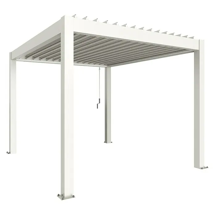 Biohort Pergola Lamellenpavillon Gr. 3 - B x T: 312 x 367,5 cm, Weiß, Material Gestell: Stahl - Bild einer weißen Pergola mit verstellbaren Lamellen. Die Pergola bietet Schatten und ist ein stilvolles Element für den Garten.