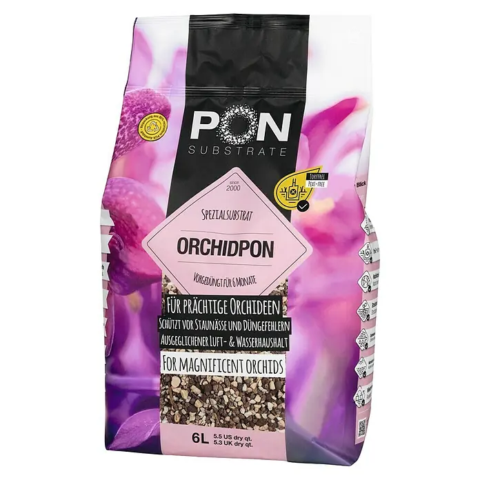 Lechuza Pflanzgranulat Orchidpon - 6 l - Abbildung einer Packung ORCHIDPON Spezialsubstrat für prächtige Orchideen, vor gedüngt für 6 Monate.