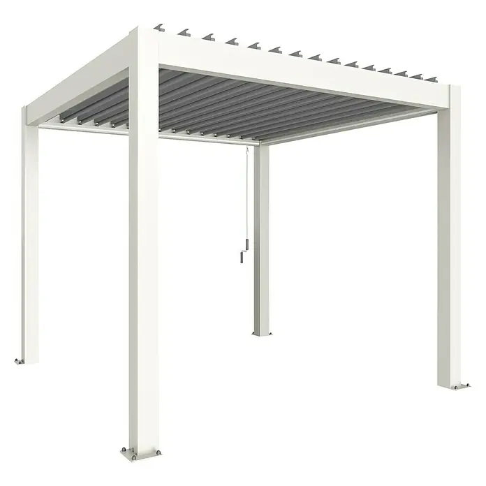 Biohort Lamellenpavillon - B x T: 312 x 312 cm, Weiß/Silber Metallic, Material Gestell: Stahl - Eine moderne, weiße Pergola mit verstellbaren Lamellen, die Schatten spendet und ein stilvolles Ambiente im Außenbereich schafft.
