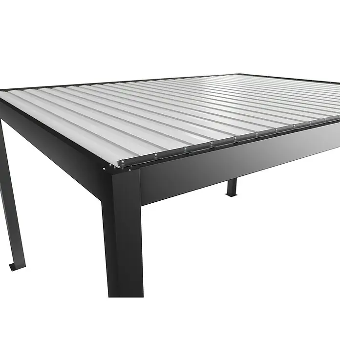 Biohort Lamellenpavillon - B x T: 404,5 x 312 cm, Dunkelgrau Metallic/Weiß, Material Gestell: Stahl - Nahaufnahme einer modernen Pergola mit Lamellendach, ideal für den Außenbereich, das ein schattenspendendes und stilvolles Ambiente bietet.