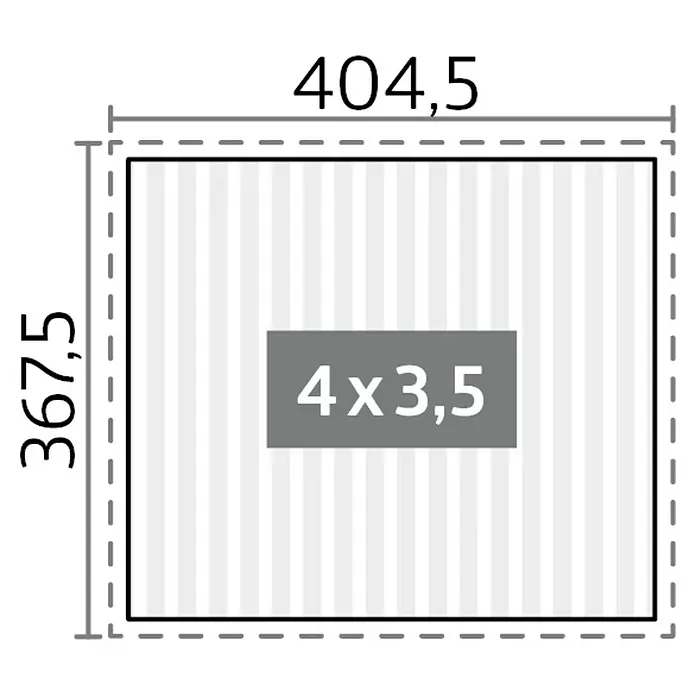 Biohort Lamellenpavillon - B x T: 404,5 mm x 367,5 cm, Quarzgrau Metallic, Material Gestell: Stahl - Schema mit den Maßen 404,5 x 367,5 und einer zentralen Fläche von 4x3,5. Dieses Schema visualisiert die Produktabmessungen und -proportionen.