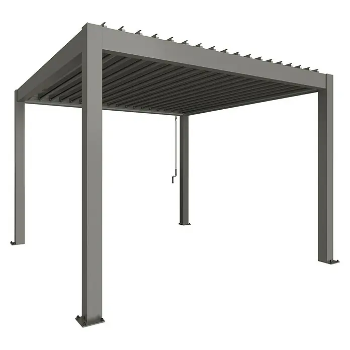 Biohort Pergola Lamellenpavillon Gr. 3,5 - B x T: 367,5 x 367,5 cm, Quarzgrau Metallic, Material Gestell: Stahl - Bild einer modernen grauen Pergola mit verstellbaren Lamellen, ideal für den Außenbereich. Die Pergola bietet Schatten und Schutz.