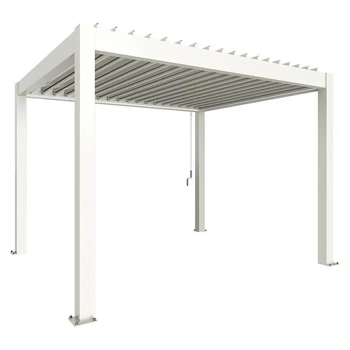 Biohort Lamellenpavillon - B x T: 367,5 x 312 cm, Weiß, Material Gestell: Stahl - Bild eines modernen, weißen Lamellendachs, das Schatten spendet und architektonisch ansprechend ist. Ideal für Garten und Terrasse.