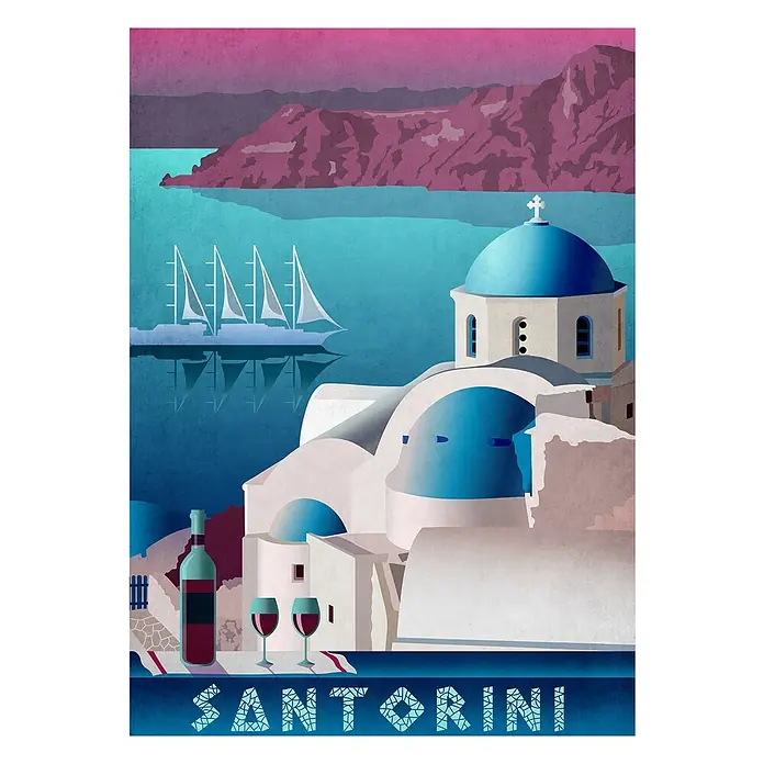 Cuadro Santorini - Santorini, An x Al: 50 x 70 cm, 1 pzs. - El póster de viaje representa Santorini, con sus icónicas casas blancas, cúpulas azules y un velero en la costa. Ideal para los amantes de los viajes.