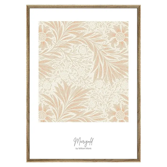 Cuadro Botánico Marigold - Botánico Marigold, An x Al: 50 x 70 cm, 1 pzs. - Lámina artística enmarcada "Marigold" de William Morris, con diseño floral en suaves tonos beige y rosa, una decoración de pared elegante para tu hogar.