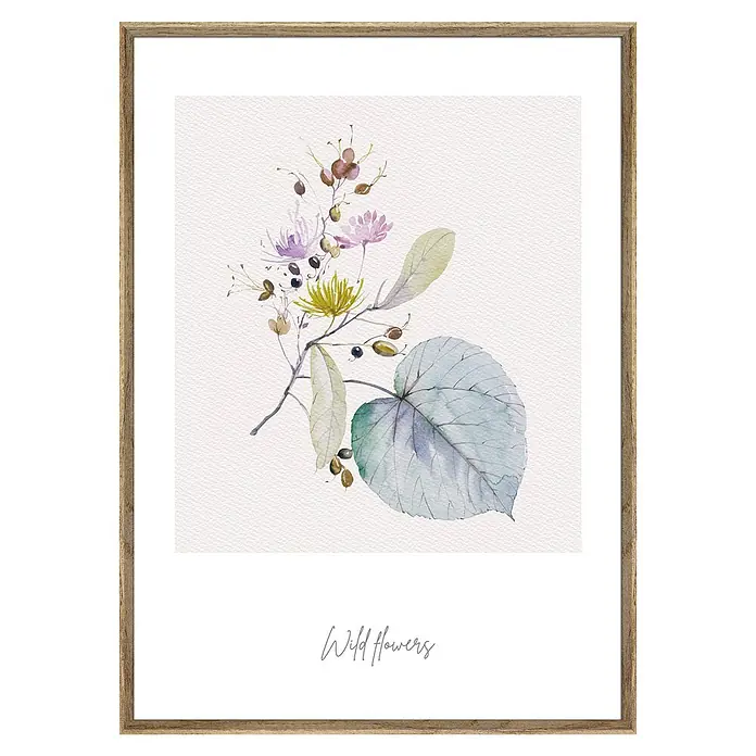 Cuadro Botánico Hojas acuarela - Botánico Hojas acuarela, An x Al: 30 x 40 cm, 1 pzs. - Impresión en acuarela "Flores silvestres" en marco de madera. El delicado arte botánico con acentos púrpuras y amarillos aporta la belleza de la naturaleza a tu pared.