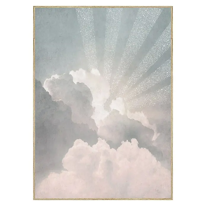Cuadro Textura Rayos del Sol - Textura Rayos del Sol, An x Al: 50 x 70 cm, 1 pzs. - Una impresión enmarcada con nubes atravesadas por rayos de luz, añadiendo un toque celestial sereno a cualquier habitación.