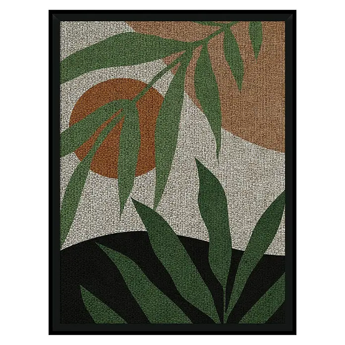 Cuadro Botánico Hojas abstractas - Botánico Hojas abstractas, An x Al: 30 x 40 cm, 1 pzs. - Arte abstracto enmarcado sobre lienzo con formas botánicas en tonos de verde, marrón y beige, creando una decoración mural moderna.