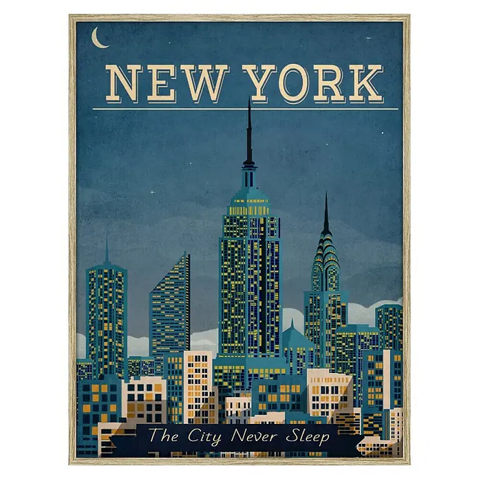 Cuadro NY de noche - NY de noche, An x Al: 30 x 40 cm, 1 pzs. - Ilustración de la ciudad de Nueva York por la noche, con el horizonte, la luna y la inscripción "The City Never Sleeps" enmarcada.