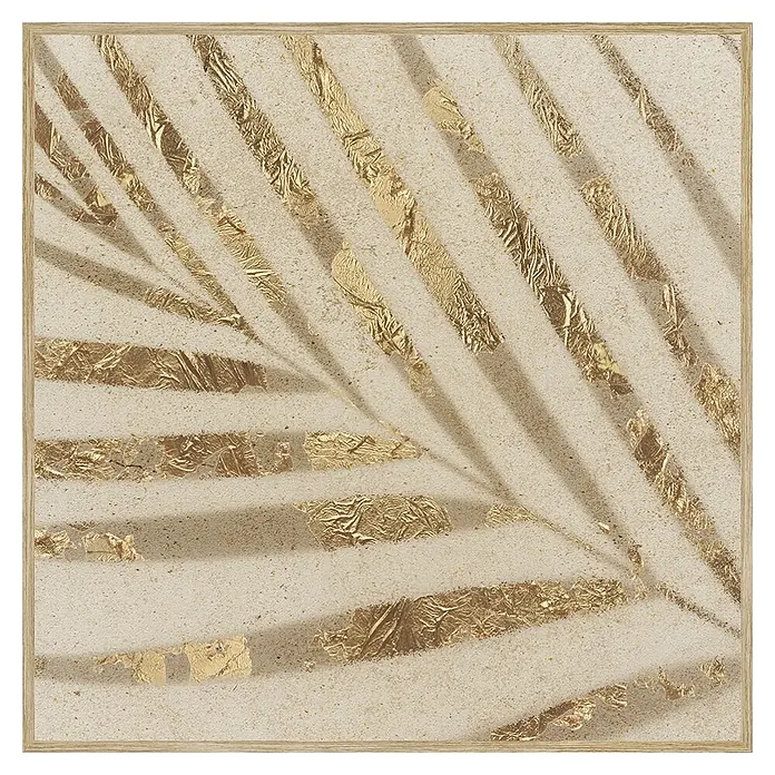 Cuadro Textura Hojas - Textura Hojas, An x Al: 40 x 40 cm, 1 pzs. - Obra de arte enmarcada con un diseño abstracto de hoja de palma en tonos beige y dorados, que proporciona una decoración de pared elegante y moderna.